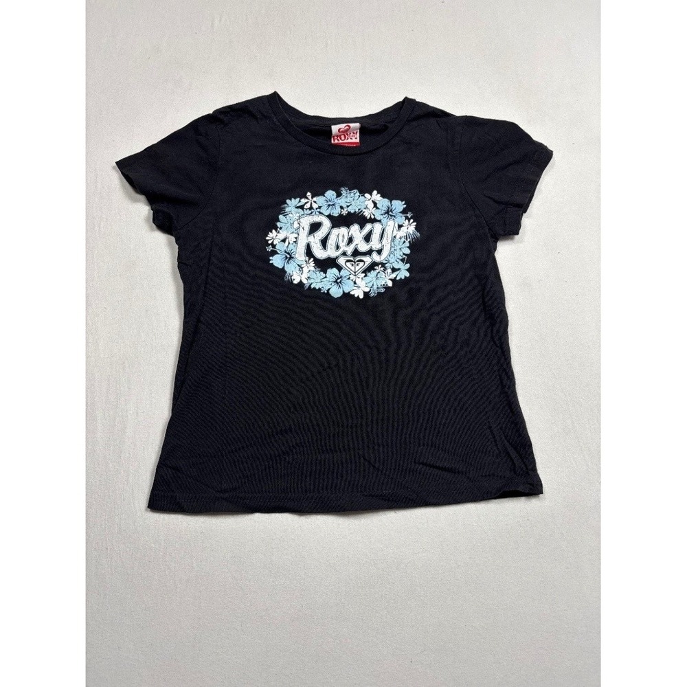 Roxy Girls Large Graphic T Shirt Black Floral Heart Logo Short Sleeve